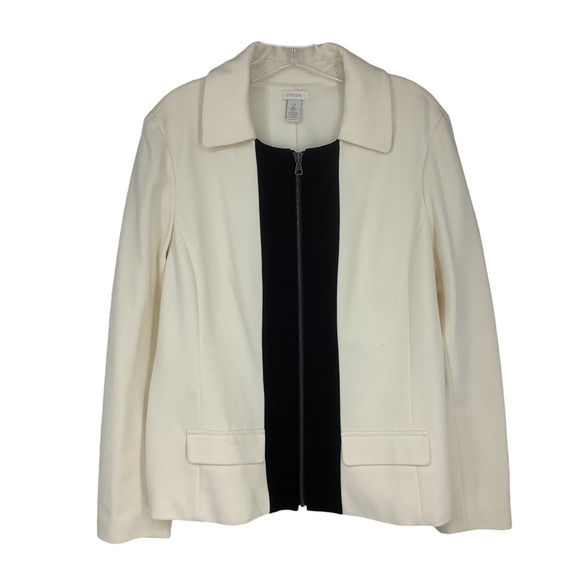 Chico's Sz 2 L Black & White Tuxedo Stripe Placket Ponte Knit Zip Jacket Lined - Picture 3 of 7